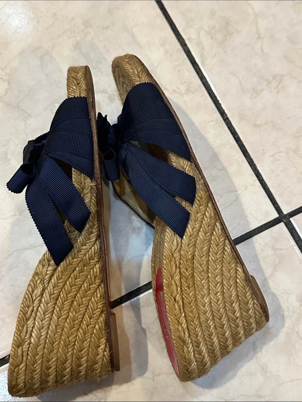 Christian Louboutin Navy Bow Rope Wedge Slides used in good condition